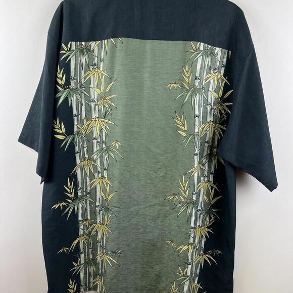 Tommy Bahama Silk Shirt Mens L Bamboo Print Green Black Button Up Camp Hawaiian - Picture 2 of 6